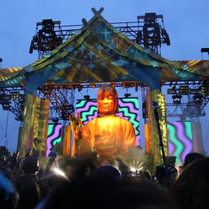7.5m inflatable buddha at a festival stage
